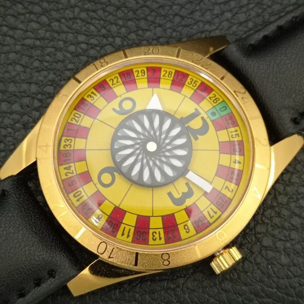 Vintage 1979 Roulette Manual Mens Gold Watch W/Leather Strap & Red/Yellow accent